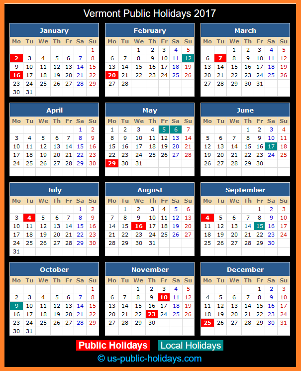 Vermont Holiday Calendar 2017